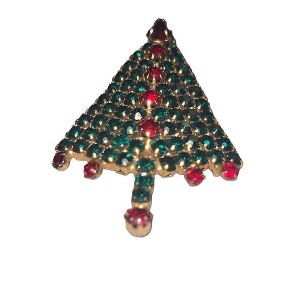 Vintage Mid Century Modern Red Green Rhinestone Christmas Tree Retro Brooch Pin - Picture 5 of 6